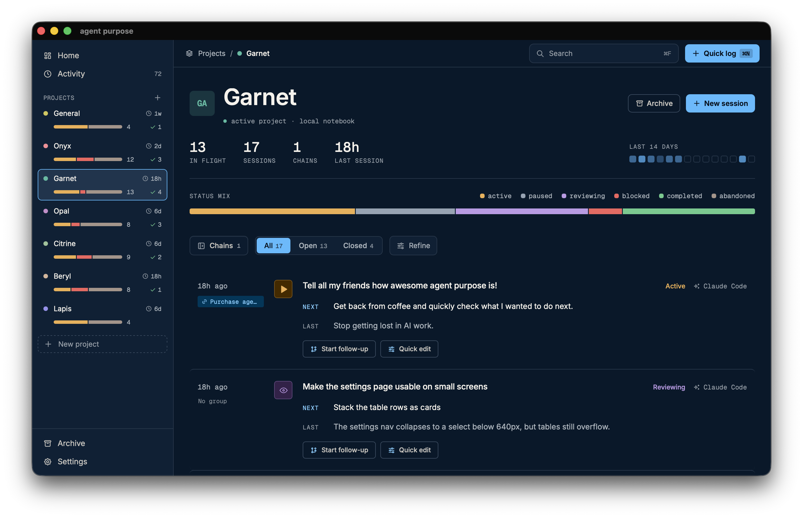Project workspace with project activity and a status breakdown.