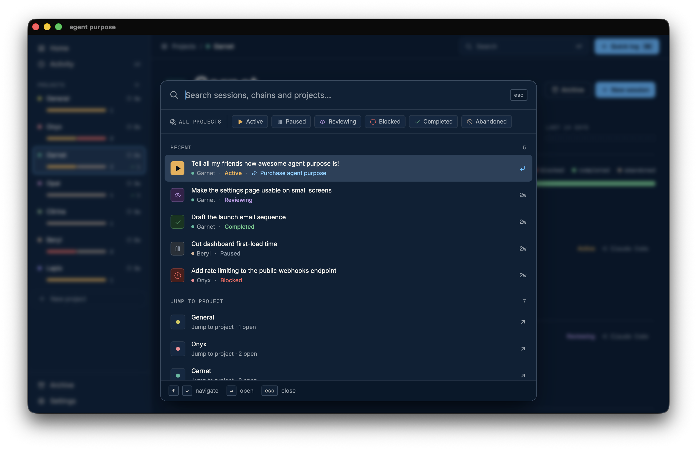 Global search for finding sessions or projects.
