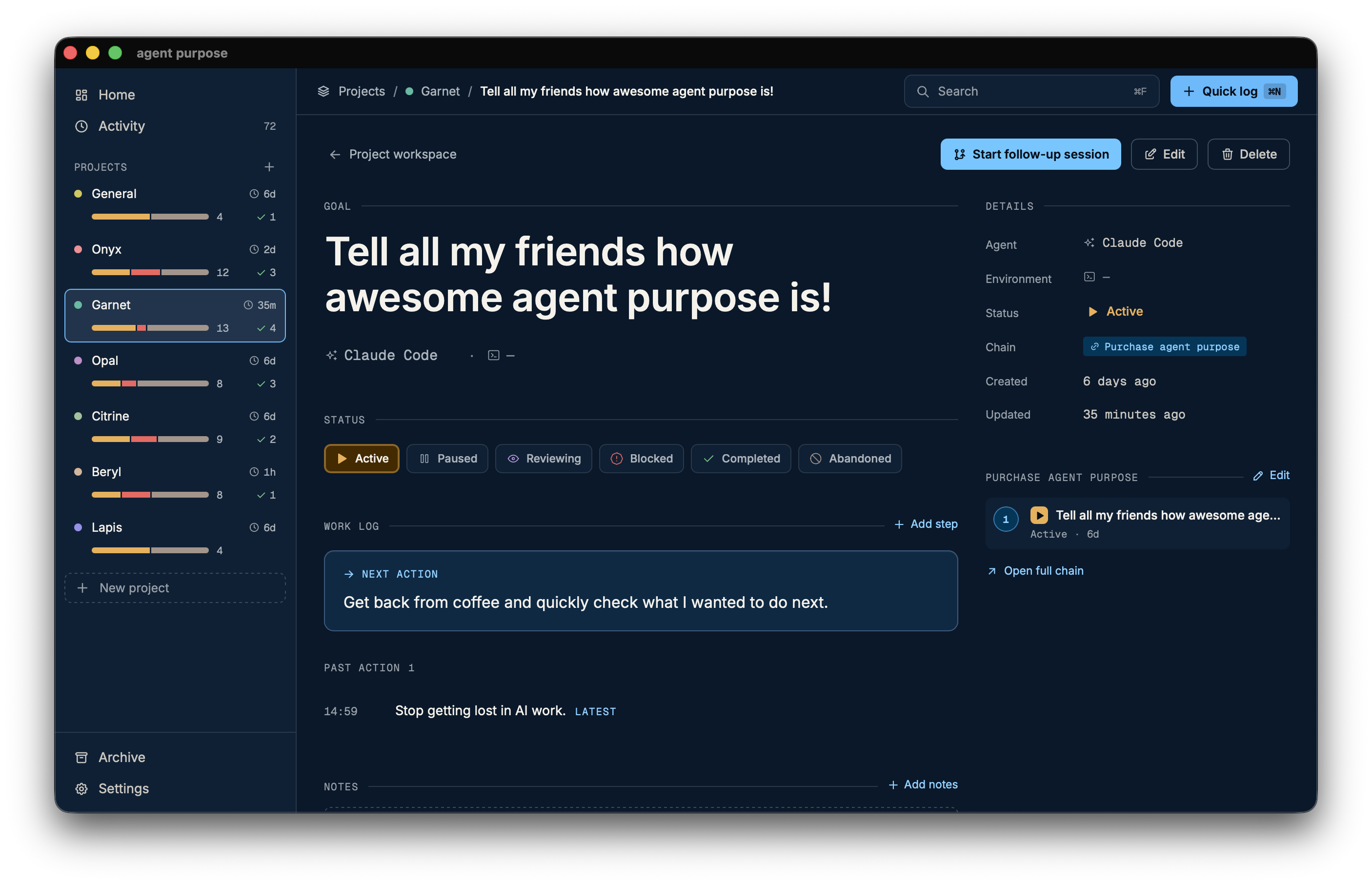 Session details showing relevant information about the goal, steps and AI agent.